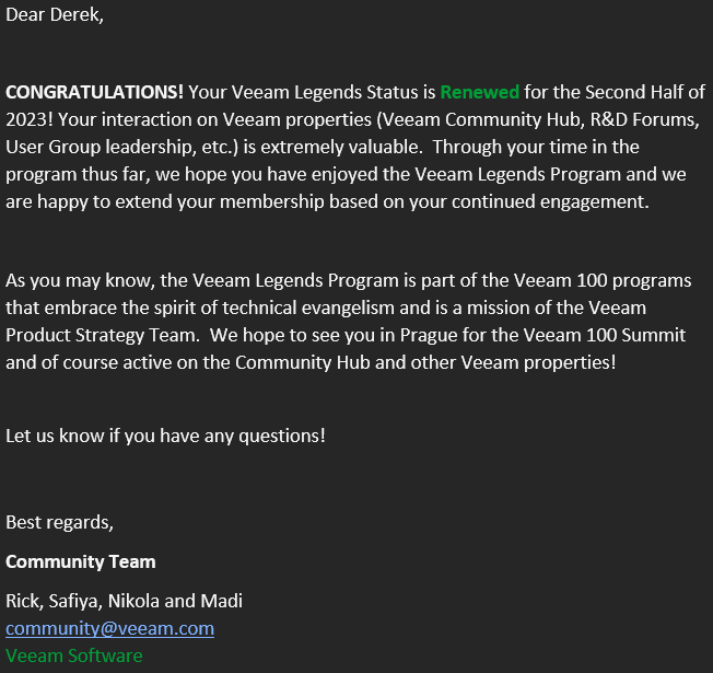 Veeam Legends 2023.2 Renewal Email